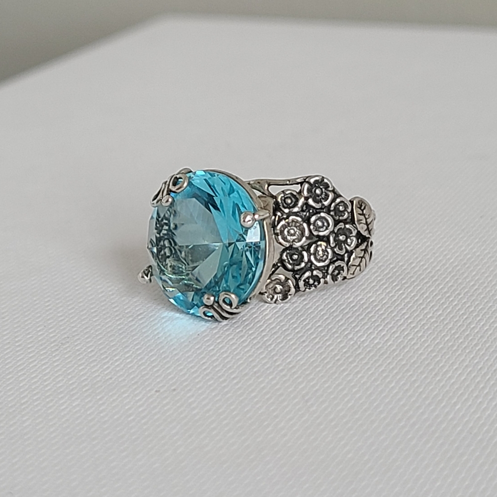 Vintage Sterling Silver Boho Chunky Blue Topaz Solitaire Floral Statement Ring - Picture 5 of 14